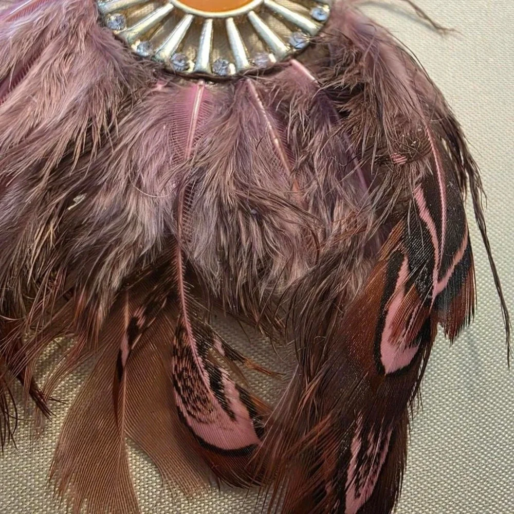 Brown & pink feather earrings with rhinestones